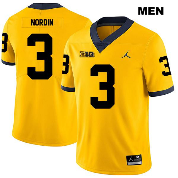 Men's NCAA Michigan Wolverines Quinn Nordin #3 Yellow Jordan Brand Authentic Stitched Legend Football College Jersey LG25M77BY
